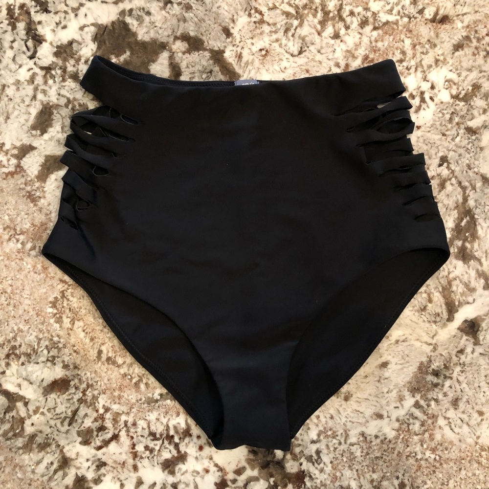 Aerie High Waisted Distressed Black Swim Bottoms